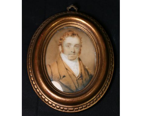 19th century miniature portrait of a gentleman, unsigned, 8.5cm x 6.5cm, (oval), in gilt frame.