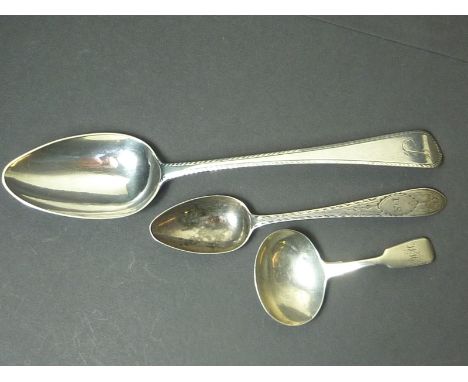 Silver tablespoon by Charles Hougham, 1790, a similar Irish teaspoon, C1800, and a caddy spoon, fiddle pattern, 1836. (3).