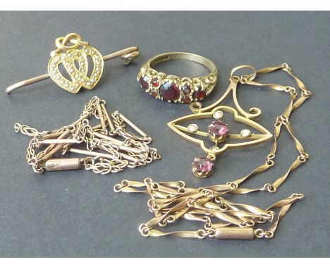 Garnet pendant and necklet "9c", a similar ring, a necklet and a brooch.