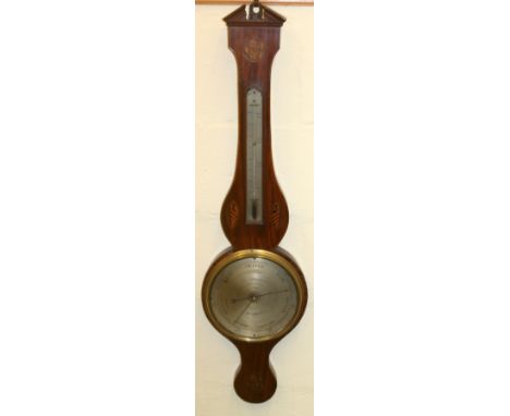 19th century barometer & thermometer by Chas. Pilsulla, High Holborn, in mahogany case with shell inlay.