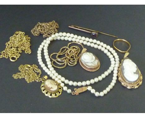 Two 9ct gold cameo pendants, another , a small 22ct gold band ring, a pearl necklace and two other items