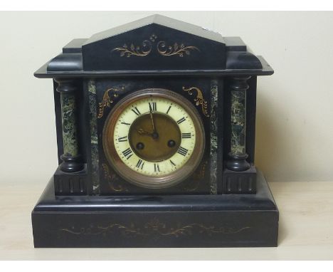 Victorian marble cased mantle clock with architectural case and white enamel dial, 30cm