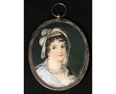 19th century miniature portrait of a lady, inscribed "Isabella Queen of Portugal" on reverse, unsigned, 7cm x 5cm, in white m