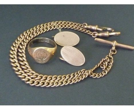 9ct gold watch guard of tapering curb pattern, a similar signet ring and a cuff link 35.9g