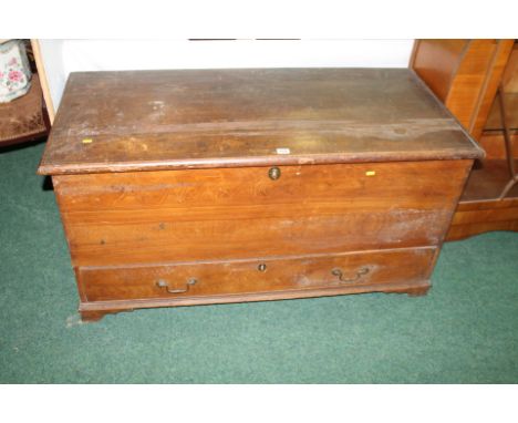 19th century pine bedding box with hinged top and base drawer on squat bracket feet, 120cm wide.
