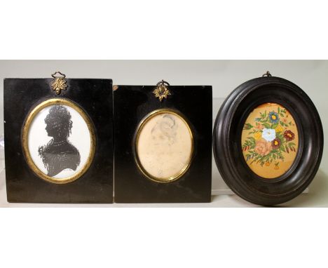A 19th century pencil portrait miniature of a young lady, 7.5cm x 6cm (oval) in ebonised frame with brass mounts, a reproduct