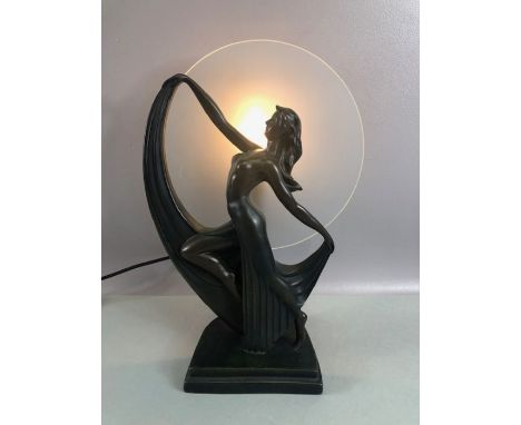 Art Deco style table lamp in the form of a dancing female, on stepped base, with frosted glass shade, approx 40cm in height