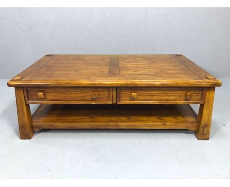 Modern oak coffee table with two drawers and shelf under, approx 120cm x 67cm x 40cm tall