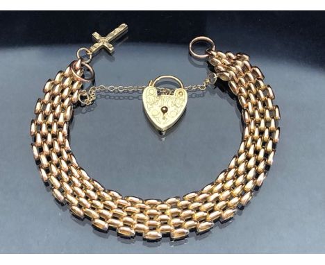 9ct Gold gate link Bracelet with 9ct Gold heart and cross with safety chain, alternate four three bar design approx 18g