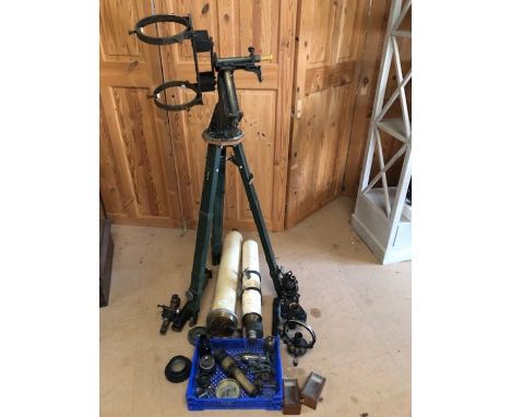 Collection of possibly Militaria or scientific instruments, gauges, tripod, scope/ telescope, Military clinometer etc
