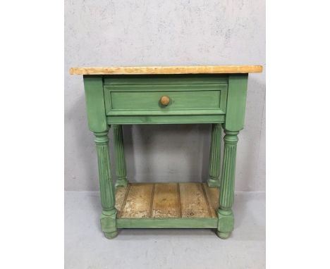 Painted wooden pine console table with fluted legs and single drawer, approx 66cm x 41cmx 76cm tall