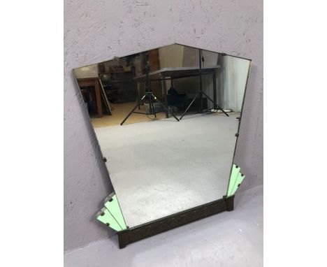 Art Deco mirror with green enamel fan detailing and copper frieze to base, approx 56cm x 52cm