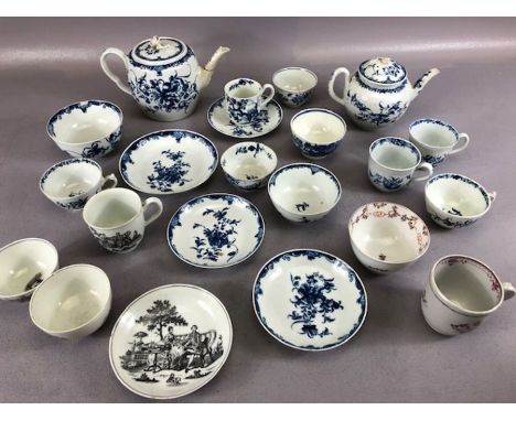 Collection of 18th and 19th Century porcelain Worcester teawares, to include Herringbone teapot and 4 teacups, a further teap