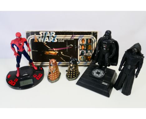 Star Wars - Kenner - A collection of items including Escape From Death Star Game, a Darth Vader money box, Spider-Man clock r