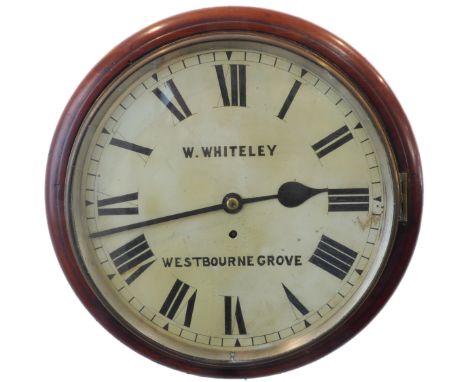 A mid-19th century mahogany-cased wall clock; the cream dial with Roman numerals and signed 'W.Whiteley, Westbourne Grove', (
