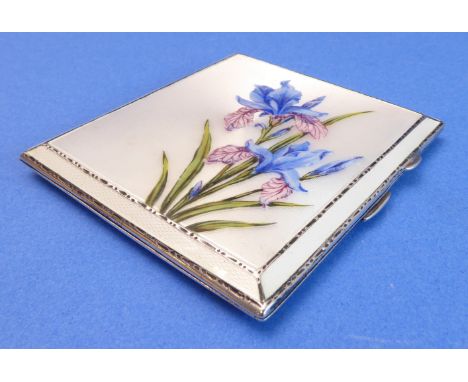 A fine silver and enamel cigarette / card case - concentric guilloche ground decorated with irises in enamel (Mappin and Webb