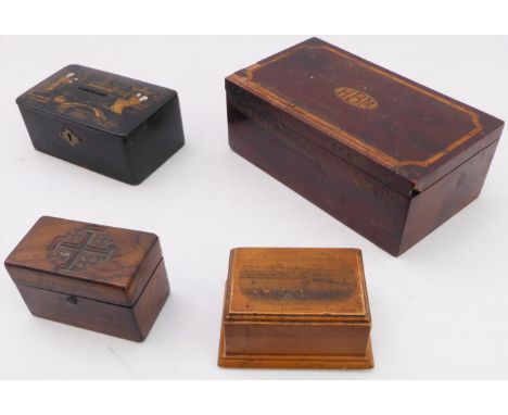 Four treen boxes:1. a late 19th / early 20th century rectangular mahogany and satinwood banded example with central oval mono