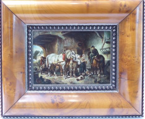 A modern oil on panel study depicting a carthorse and farm animals within a stable. Figured wooden cushion frame. (Panel size