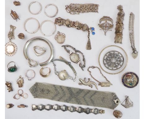 Assorted silver and white metal jewellery including a fancy link bracelet with padlock clasp (both hallmarked); two heart-sha