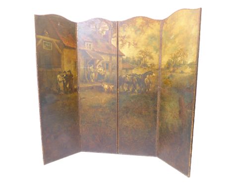 A late 19th century thee-fold four-panel room dividing screen; the four leather panels hand-decorated in oils and depicting a