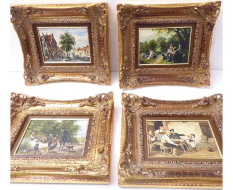 A set of four oil on panel scenes to include a river scene, country scene with figures seated and attendant hound, one furthe