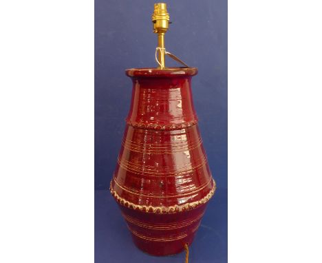 A&nbsp;sang-de-boeuf glazed Art Pottery style lamp-standard of tagine form (50cm including brass electrical fitting)