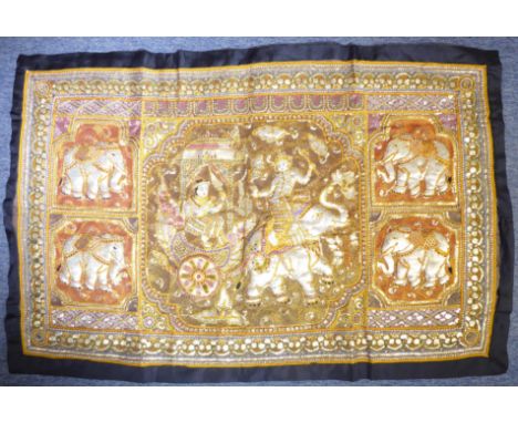 A highly decorative&nbsp;(possibly Thai) sequin wall-hanging&nbsp; - central panel with an elephant-drawn two-wheel carriage,