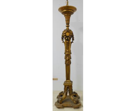 A fine and large 19th century carved giltwood&nbsp;torchère stand in neo-classical style (now as a lamp standard): the faux m