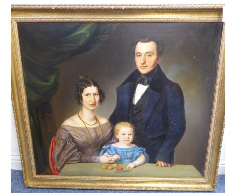 19th century Continental School, possibly Scandinavian - Family portrait group with gentleman standing beside lady and child 