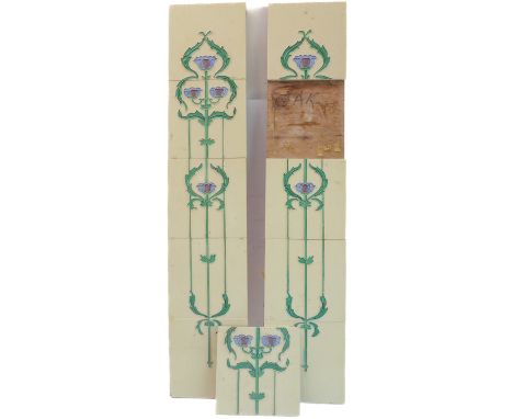 Ten Art Nouveau style tiles mounted on two wooden&nbsp;panels (a pair) (one tile loose from its panel) (each panel approx. 76
