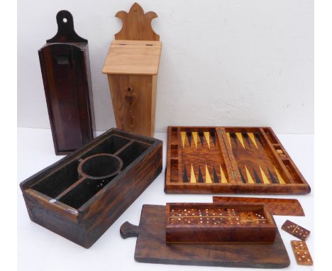 A good selection of old and modern&nbsp;treen: a 19th century wall-hanging oak candle box having vertically sliding door with