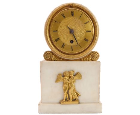 An early 19th century French Empire period ormolu-mounted white-marble timepiece mantle&nbsp;clock: gilded dial with Roman nu