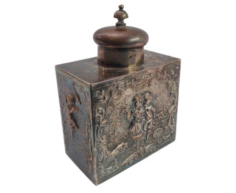 A late 19th century silver plated tea caddy with domed top lid (probably Dutch), decorated repoussé style with figures and ch