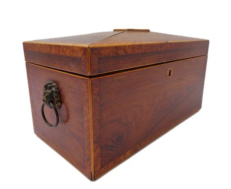 A Georgian mahogany tea caddy with mulberry inlay and boxwood stringing - two fitted removable caddies and central cut-glass 