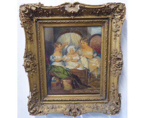 19th century English School - Portrait group of three sisters seated in an interior, watercolour, gouache and gum arabic on p