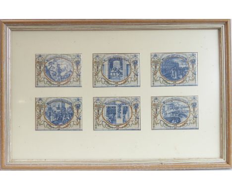 Six early-style rectangular ceramic tiles mounted in a parcel-gilt frame&nbsp;(frame size 31cm x 48cm)&nbsp;