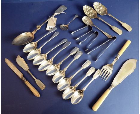 Various silver and silver plated flatware and cutlery etc. to include a pair of Georgian silver sugar tongs with bright-cut d