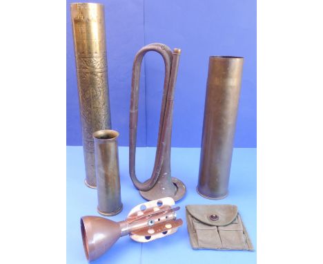 An interesting selection of metalware: - a large WWI Trench Art type brass shell case profusely engraved in low relief with a