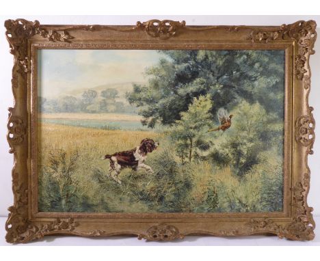 HENRY WILKINSON - springer putting up pheasant, signed oil on canvas (20in x 30in) (51cm x 76cm), discoloured old varnish oth