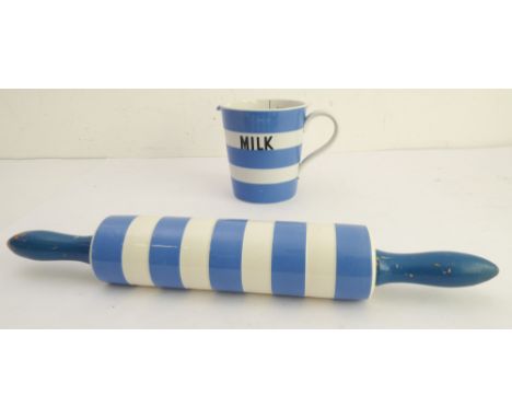 An original TG Green blue-and-white Cornishware milk jug with internal liquid measurement graduations (internal star crack to