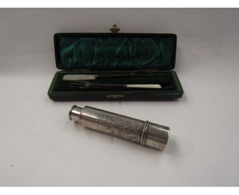 A cased pair of silver and mother-of-pearl grape forks and a silver engraved scent bottle