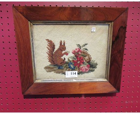 A rosewood framed and glazed tapestry of a squirrel, 18cm x 22cm