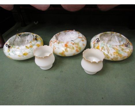 Three vintage mottled glass ceiling light shades and a pair of shades (5)