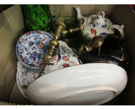 A selection of china including Spode and Doulton and a green glass jug with matching glasses, a pair of candlesticks and a je