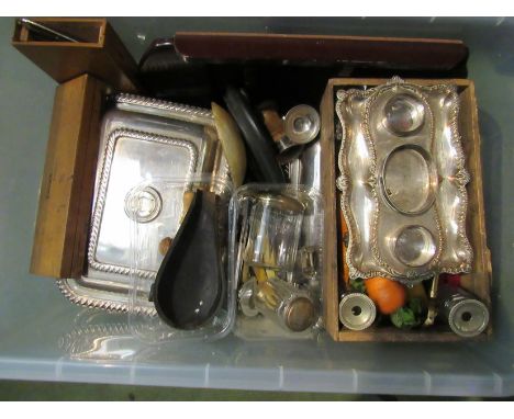 A box of miscellaneous items including a plated ink stand, Dunhill lighter, pen knives, cigar cutters, pens etc