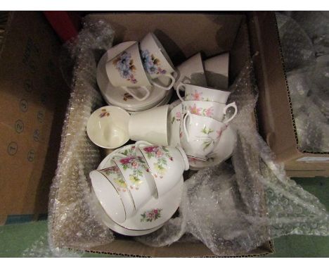 Three boxes of tea wares including Myott mallard design