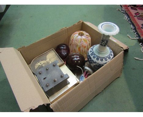 A box containing assorted including Wedgwood glass elephant, mottled ceiling light, Bakelite string ball and Oriental vase et