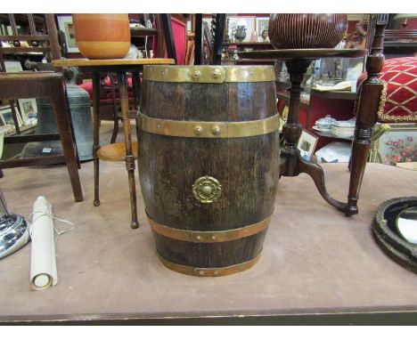 An oak barrel form coopered stick stand, 47cm high