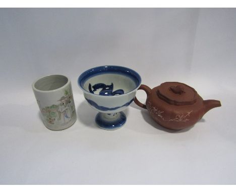 A Japanese red Yixing teapot, brush pot and pedestal bowl (3)