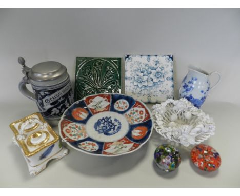 Three trays of porcelain and ceramics to include an Imari scallop edge plate, a Meissen style cream jug, a pair of Gosse crea